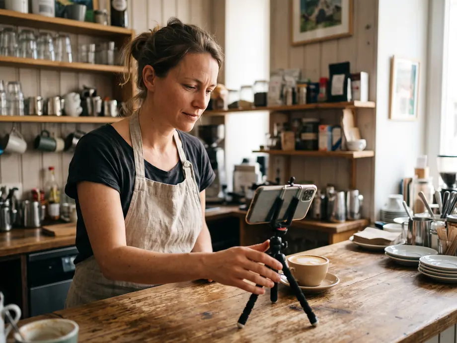 Café-Besitzerin filmt einen frisch eingeschenkten Kaffee mit dem Smartphone