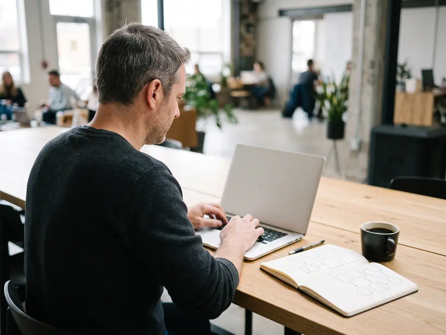 Mann arbeitet am Laptop, daneben ein Notizbuch mit Skizzen