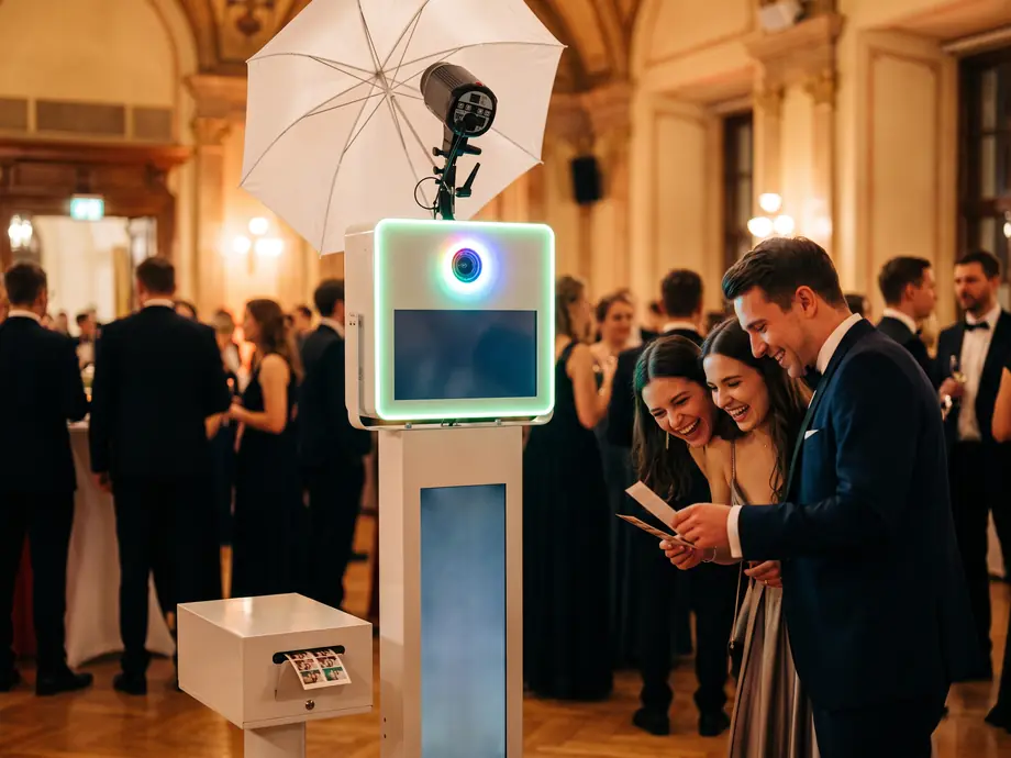Gäste lachen bei einer Feier vor der Sleek-Fotobox