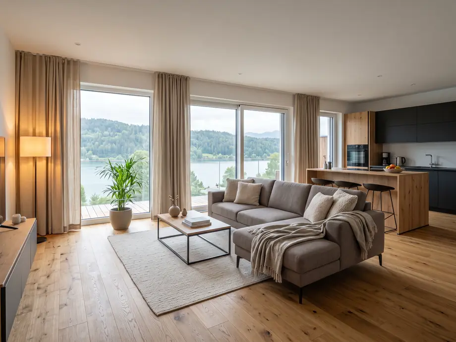 Helles Wohnzimmer mit offener Küche und Blick auf den See