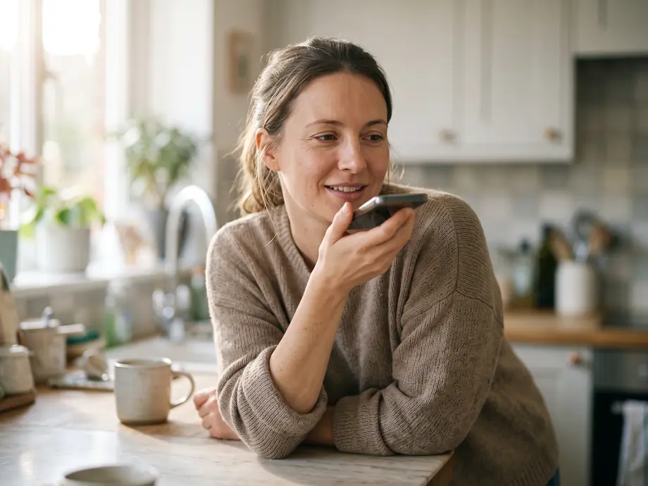 Frau stellt in der Küche ihrem Smartphone eine Frage