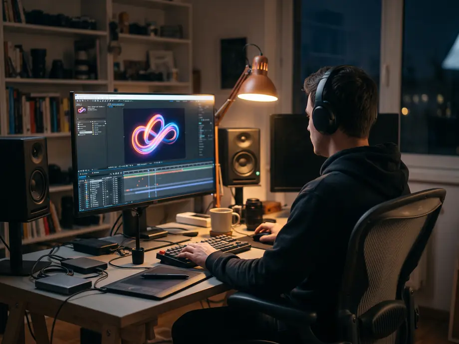 Motion Designer arbeitet abends an einer Logo-Animation