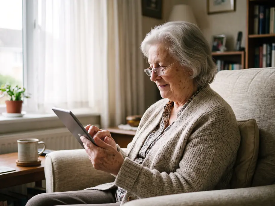 Ältere Frau liest im Sessel auf einem Tablet