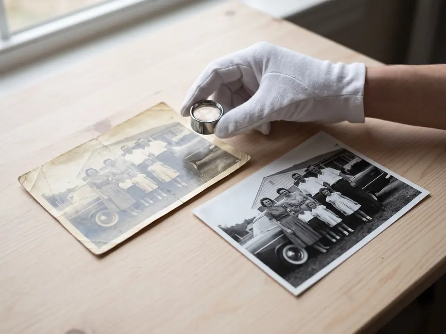 Altes Familienfoto neben dem restaurierten Abzug