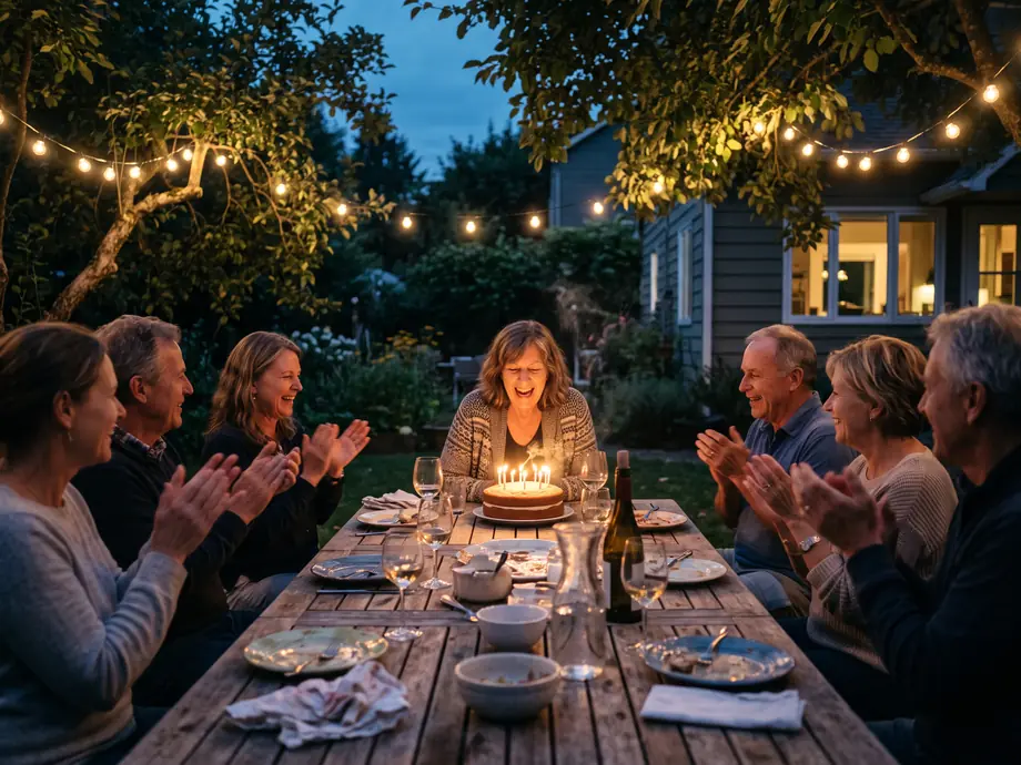 Frau bläst bei einer Gartenfeier die Kerzen auf der Torte aus