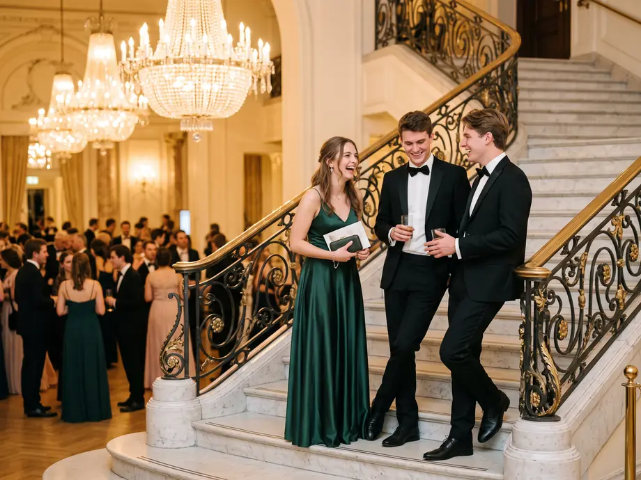 Drei Maturanten in Abendgarderobe lachen auf der Ballsaal-Treppe